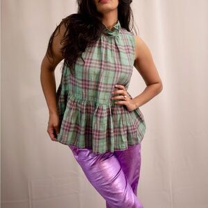 Daisy High-Neck Peplum Top - Plaid Linen brand new!